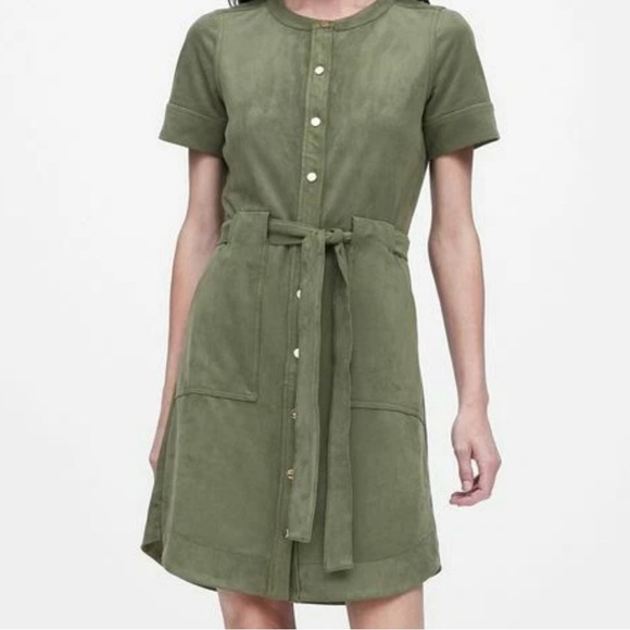 Banana Republic Vegan Suede Olive Green Collared Button Down Shirt Dress 8 - Picture 7 of 7